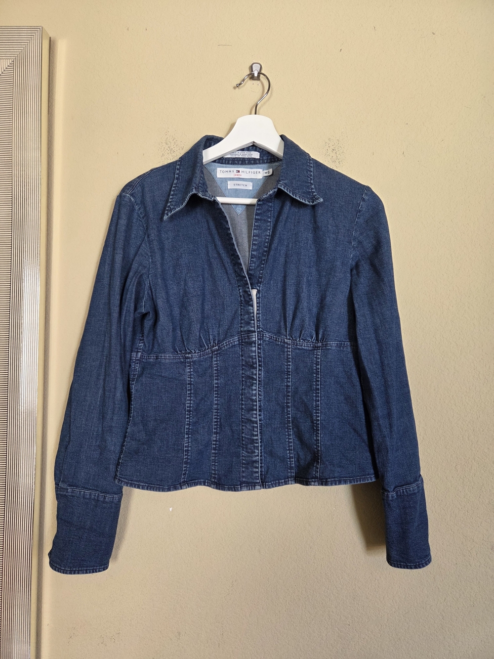 Vintage Tommy Hilfiger Women's Dark Blue Denim Button-Down Shirt Jacket Corset
